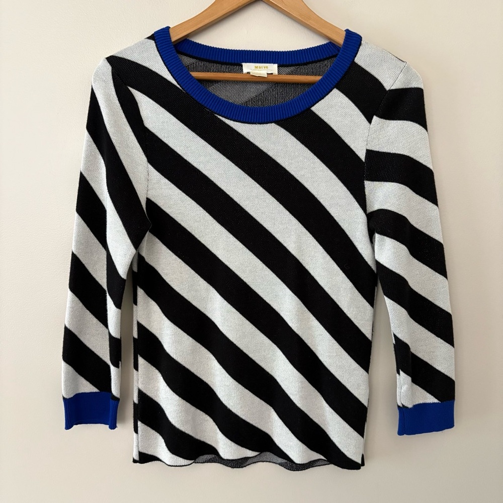 Maeve by Anthropologie striped pullover sweater black ivory blue trim size S - Picture 12 of 13